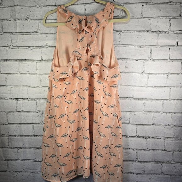 WOMENS ENTRO HALTER DRESS PINK WITH GREY FLAMINGO PRINT RUFFLE DETAILS SIZE L - Picture 8 of 8